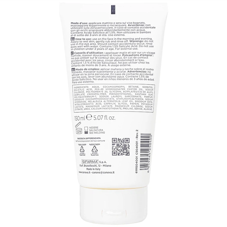 Gel rửa mặt ngừa mụn Canova Salipil Detergente Sifarma giúp loại bỏ bụi bẩn, tế bào chết, làm giảm và ngăn ngừa mụn (150ml)