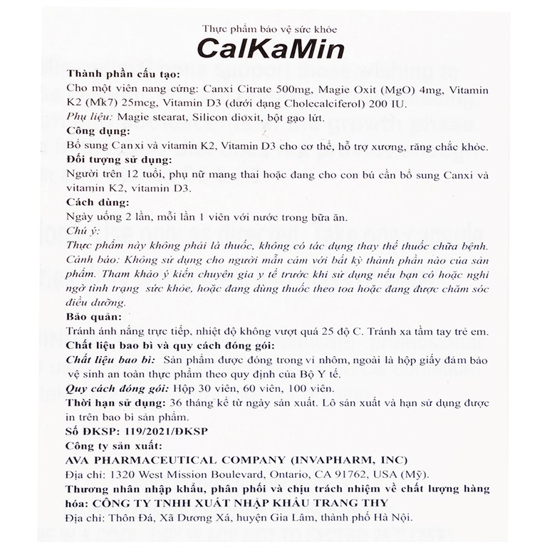 Viên uống CalKaMin AVA Pharmaceutical bổ sung canxi và vitamin K2, vitamin D3 cho cơ thể