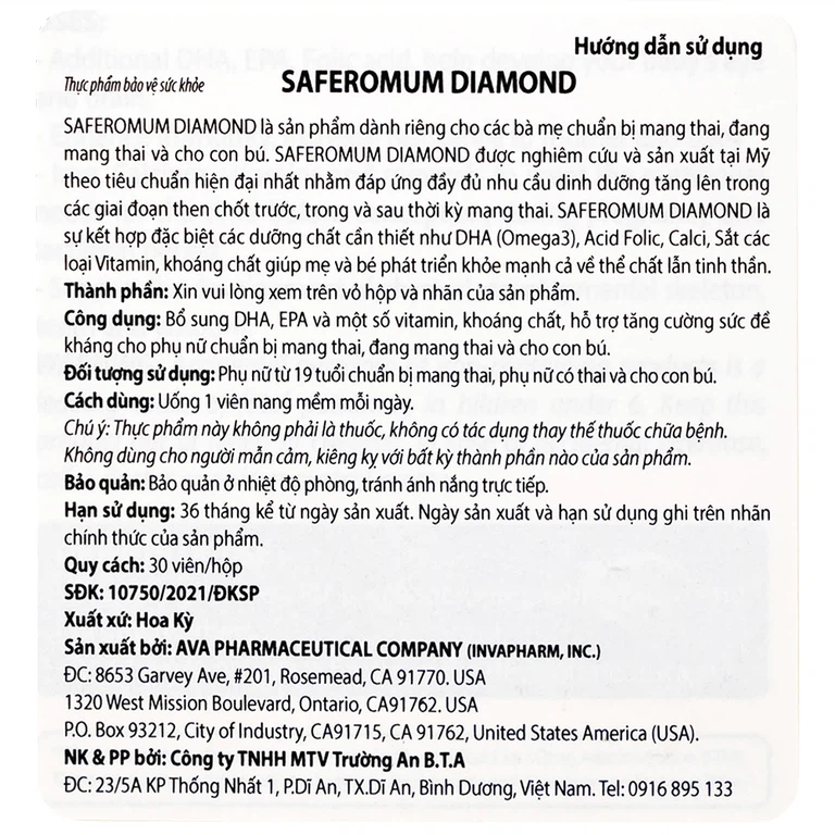 Viên uống Saferomum Diamond AVA Pharmaceutical bổ sung DHA, EPA và một số vitamin, khoáng chất (30 viên)