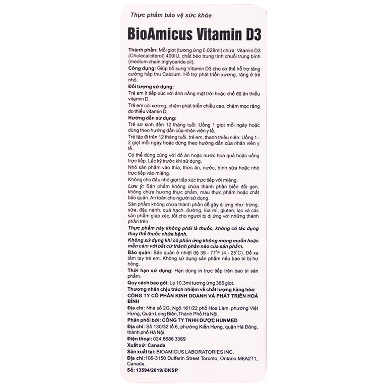 Dung dịch BioAmicus Vitamin D3 10.3ml bổ sung vitamin D3, hỗ trợ phát triển xương