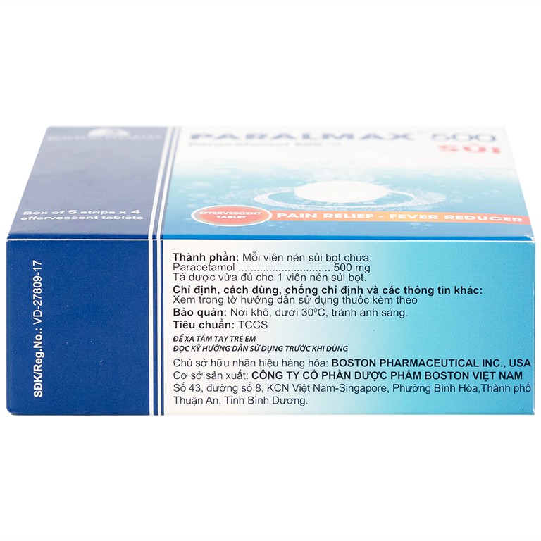 Viên sủi Effer-Paralmax 500 Boston giảm các chứng đau nhẹ đến vừa, đau đầu, đau răng (5 vỉ x 4 viên)