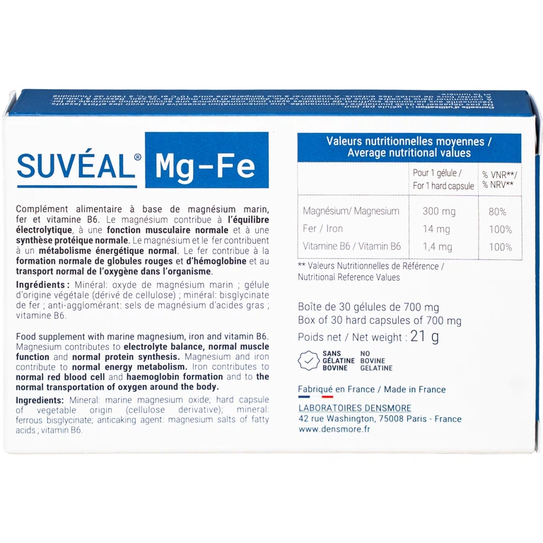 Viên uống Suvéal Magne-Fer Densmore bổ sung magie, vitamin B6 và sắt cho cơ thể (2 vỉ x 15 viên)