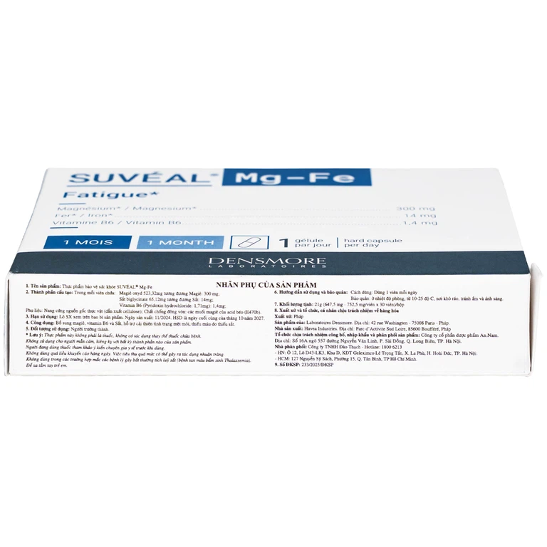 Viên uống Suvéal Magne-Fer Densmore bổ sung magie, vitamin B6 và sắt cho cơ thể (2 vỉ x 15 viên)
