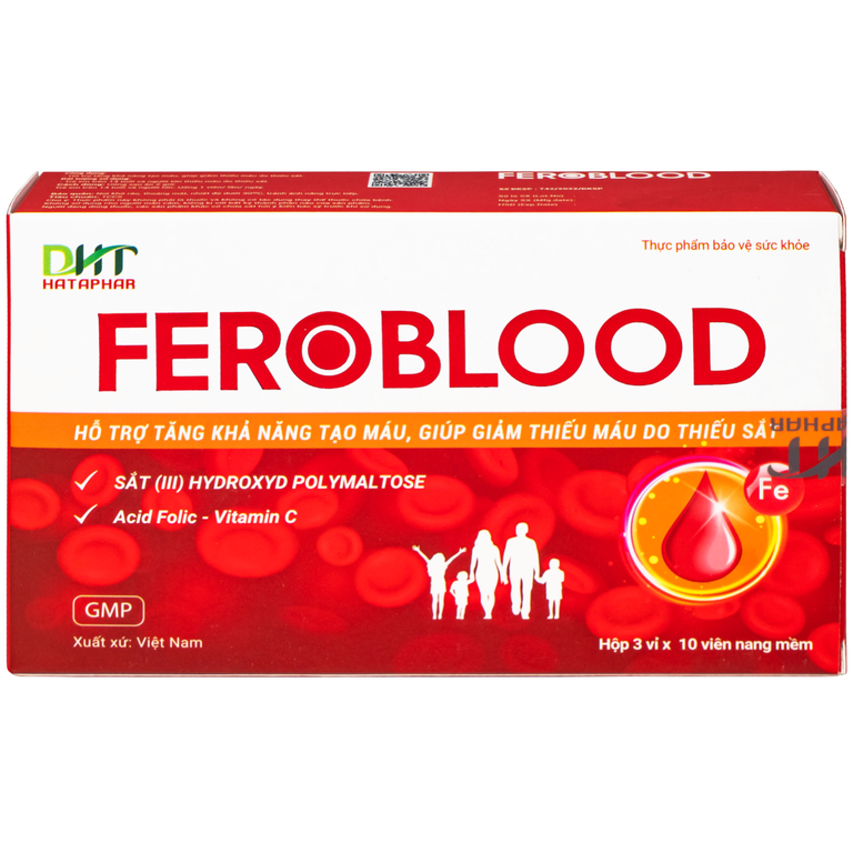 Viên uống Feroblood Hataphar hỗ trợ khả năng tạo máu, giúp giảm thiếu máu do thiếu sắt (3 vỉ x 10 viên)