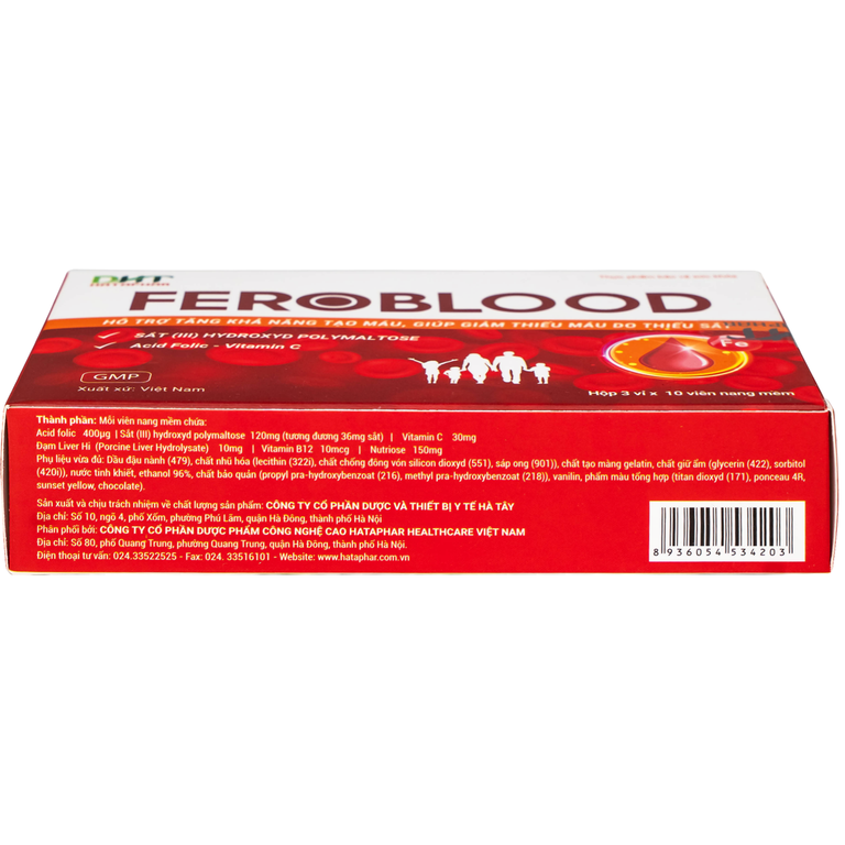 Viên uống Feroblood Hataphar hỗ trợ khả năng tạo máu, giúp giảm thiếu máu do thiếu sắt (3 vỉ x 10 viên)