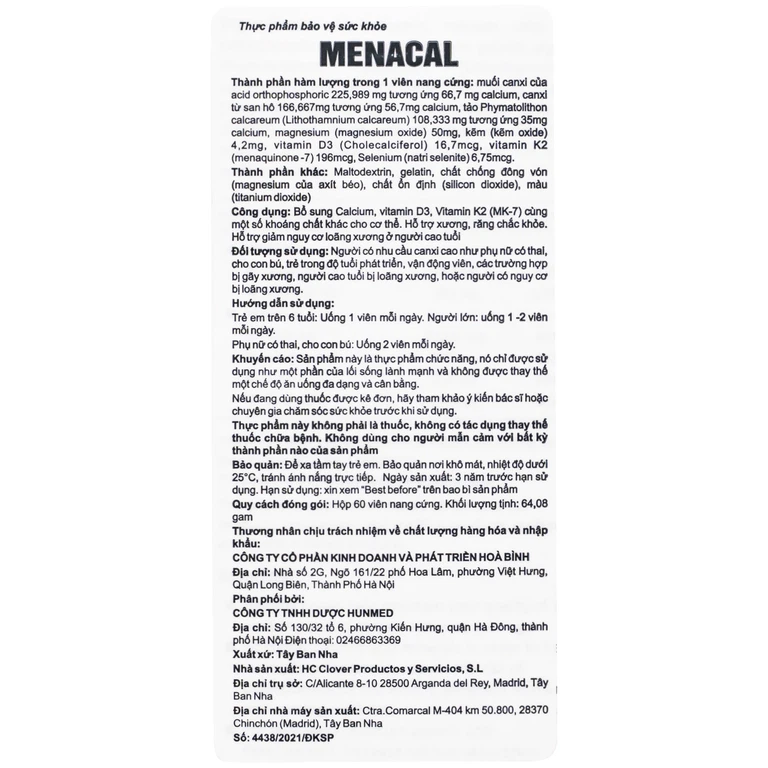 Viên uống Menacal Hòa Bình Hộp 60 viên
