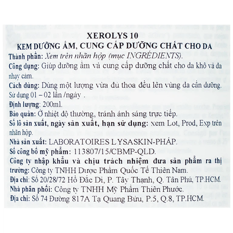 Kem dưỡng ẩm Xerolys 10 Thiên Nam dưỡng ẩm và cung cấp dưỡng chất cho da khô và da nhạy cảm (200 ml)