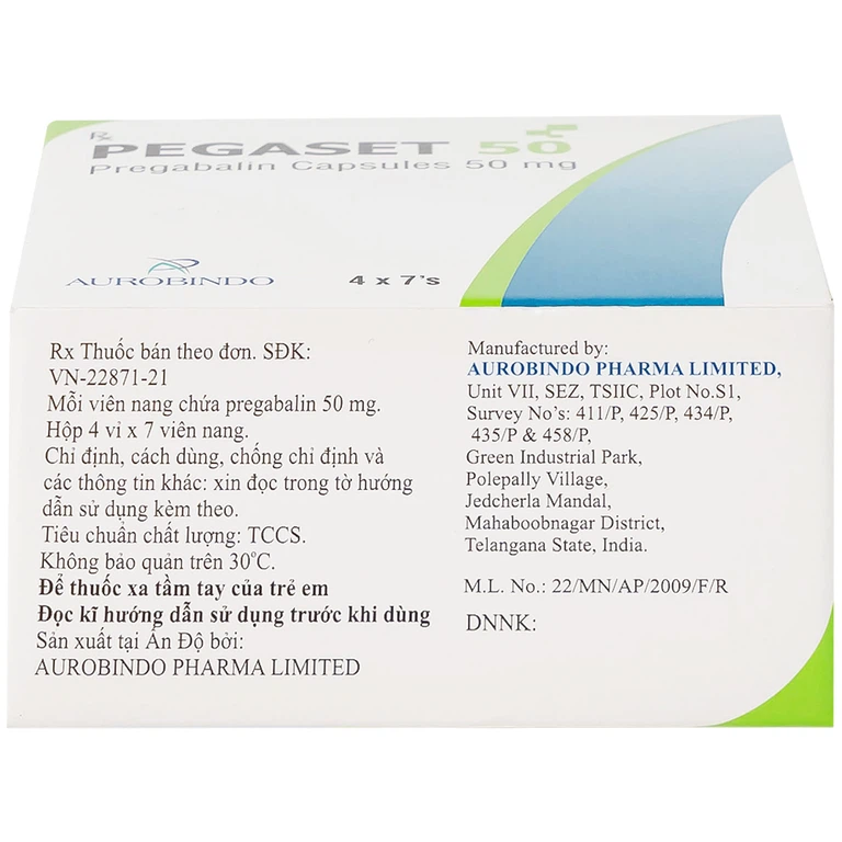 Thuốc Pegaset 50 Aurobindo điều trị đau thần kinh, hỗ trợ động kinh cục bộ (4 vỉ x 7 viên)