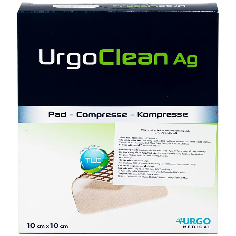 Gạc kháng khuẩn chống dính UrgoClean Ag 10cm x 10cm Urgo làm sạch vết thương mạn tính (10 miếng)