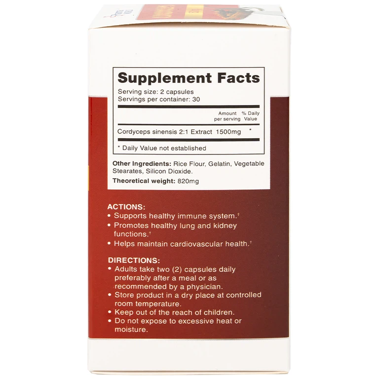Viên uống Đông Trùng Hạ Thảo Pharma World Cordyceps 1500mg hỗ trợ tốt cho phổi và thận (60 viên)