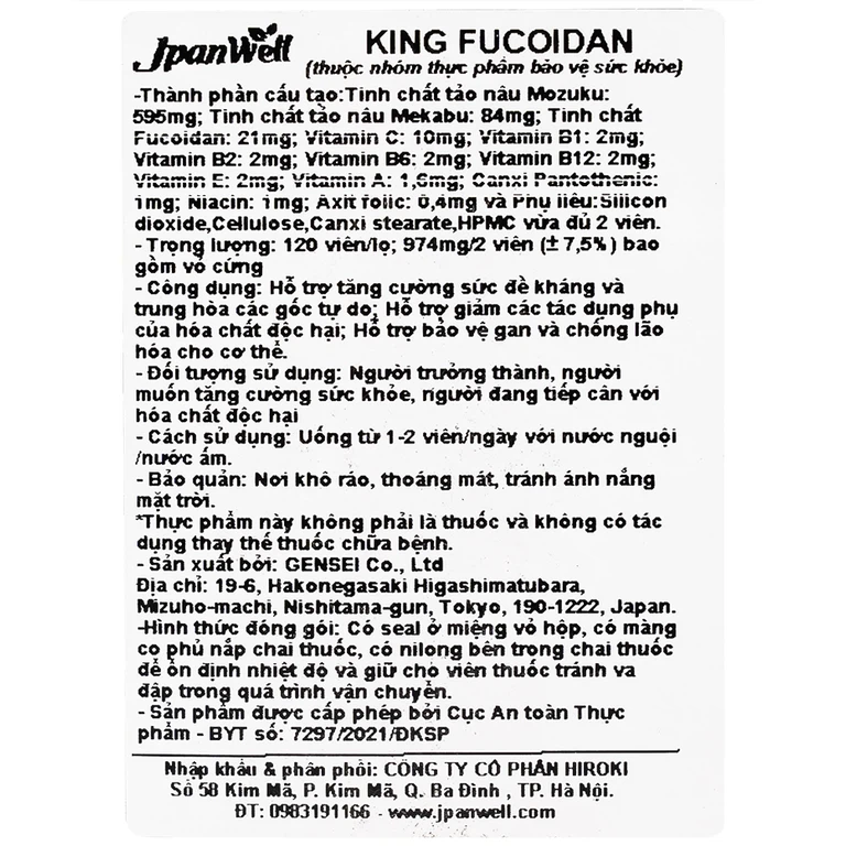 Viên uống King Fucoidan Jpanwell tăng cường sức khỏe và trung hòa gốc tự do (120 viên)