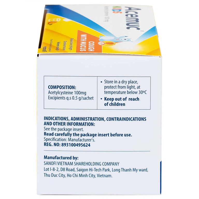 Thuốc cốm Acemuc Kids 100mg Sanofi long đàm, tiêu nhầy, giảm ho (30 gói x 0.5g)