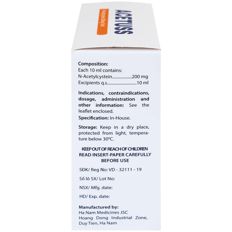Dung dịch uống Acetuss Hà Nam tiêu nhầy trong bệnh viêm phế quản, bệnh nhầy nhớt (20 ống)
