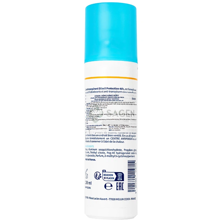Khử mùi dạng xịt Etiaxil Déodorant Anti - Transpirant Protection 48h Pieds kiểm soát tuyến mồ hôi chân (100ml)