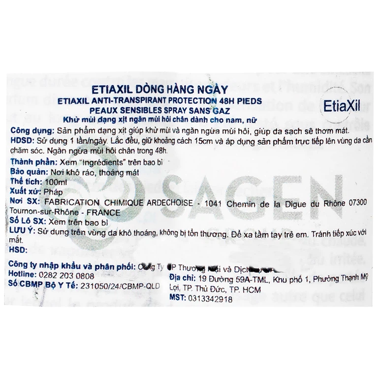 Khử mùi dạng xịt Etiaxil Déodorant Anti - Transpirant Protection 48h Pieds kiểm soát tuyến mồ hôi chân (100ml)