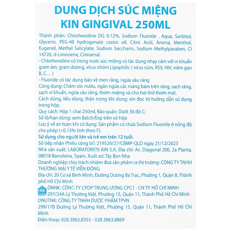 Dung dịch súc miệng Kin Gingival 250ml hỗ trợ chăm sóc nướu, ngăn ngừa các mảng bám trên răng