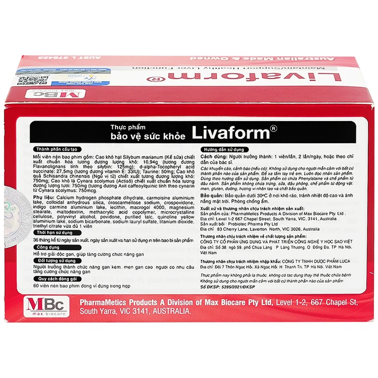 Viên uống Livaform Luca Pharma MPC hỗ trợ giải độc gan, giúp tăng cường chức năng gan (6 vỉ x 10 viên)