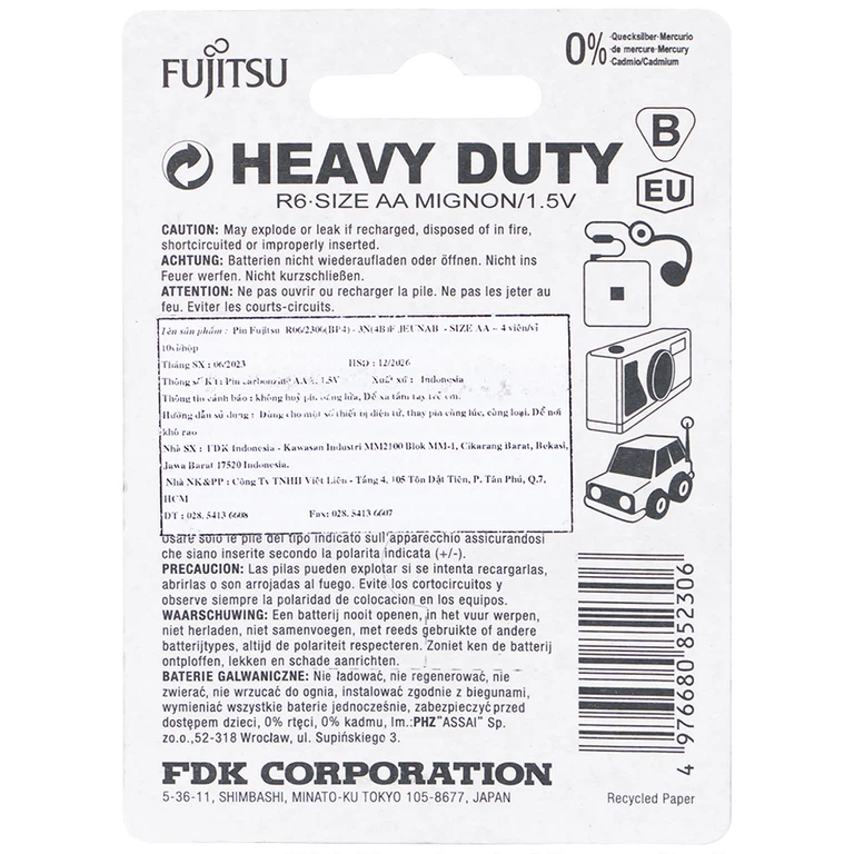 Pin FuJitsu R06/2300(BP4) AA bền, an toàn cho sức khỏe (4 cục)