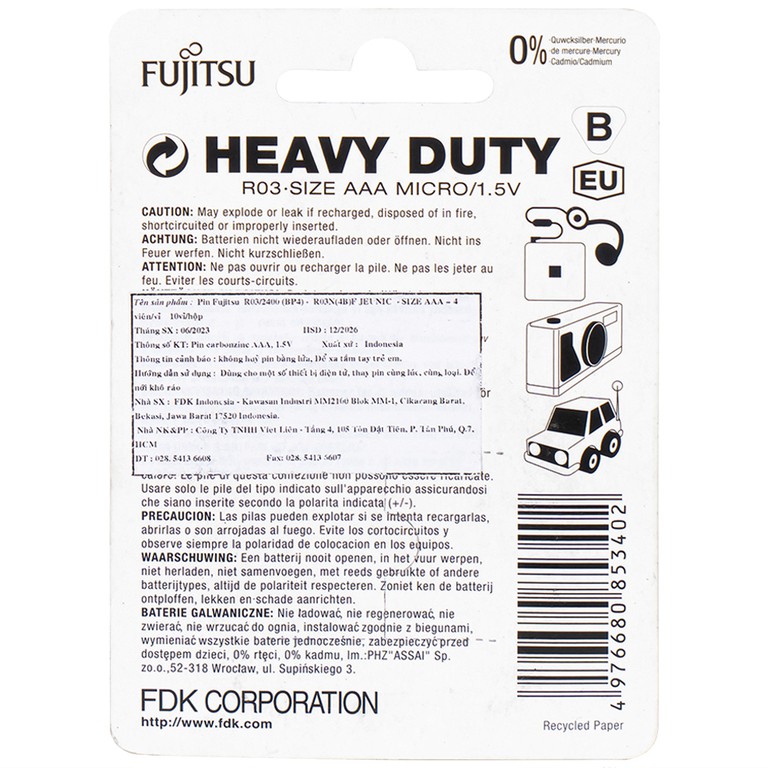 Pin Fujitsu R03/2400(BP4) AAA dùng được cho đồng hồ, remote, đèn pin (Vỉ 4 cục)