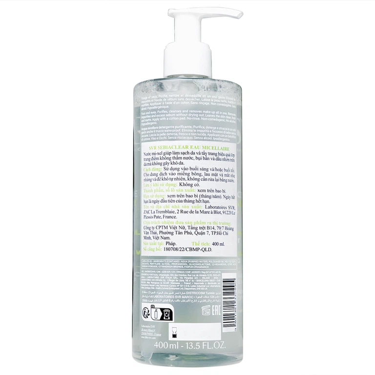 Nước tẩy trang SVR Eau Micellaire Sebiaclear 400ml làm sạch da và tẩy trang lớp trang điểm dành cho da dầu mụn