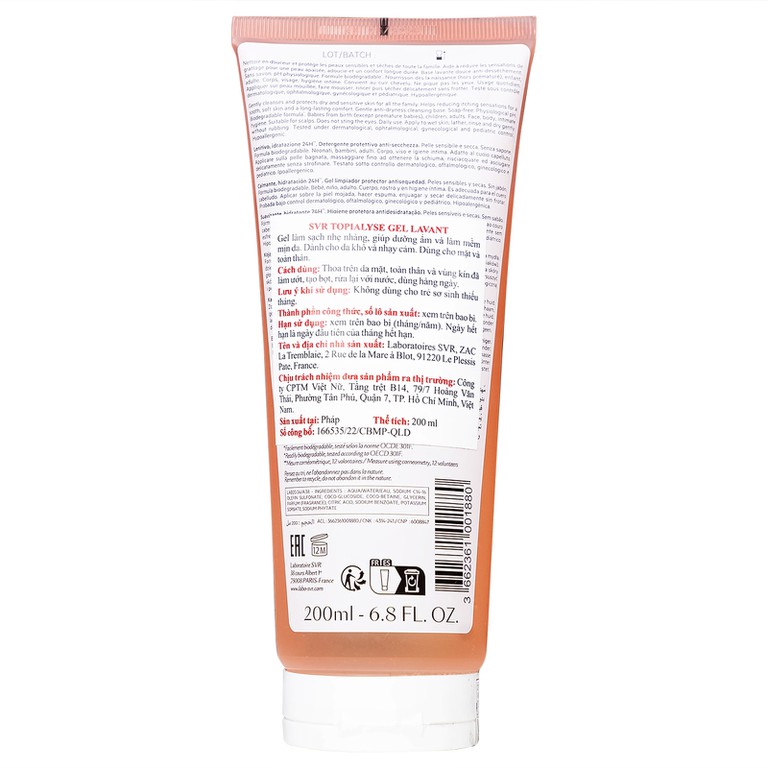 Gel rửa mặt SVR Topialyse Gel Lavant 200ml giúp làm sạch nhẹ nhàng, dưỡng ẩm và làm mềm mịn da