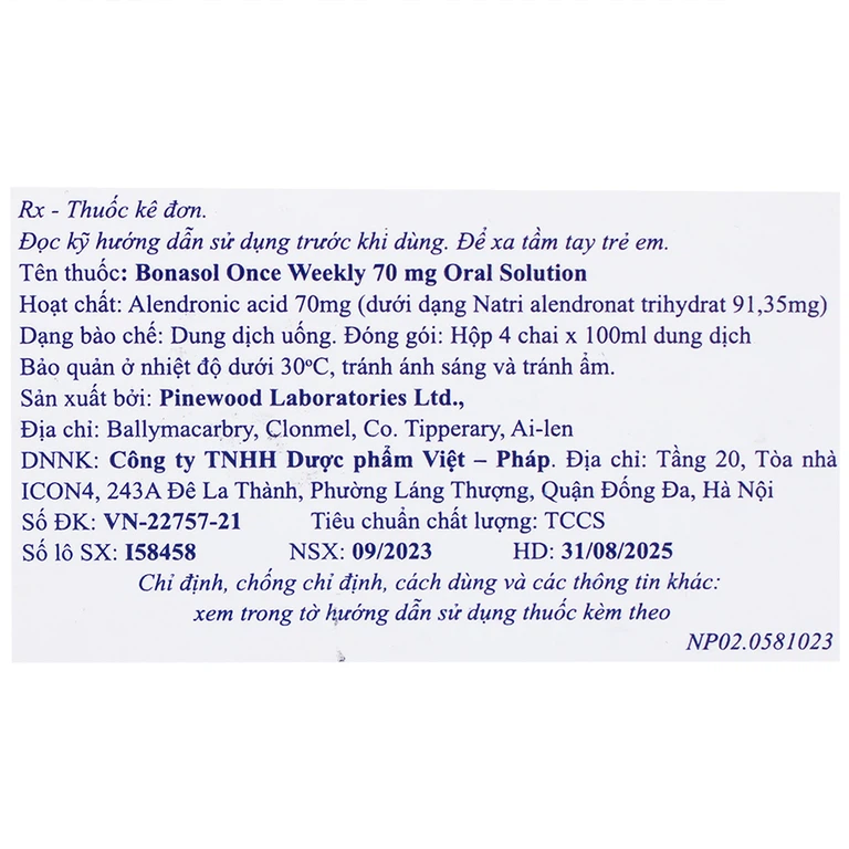 Dung dịch uống Bonasol Once Weekly 70mg Oral Solution Pinewood điều trị loãng xương (4 chai x 100 ml)