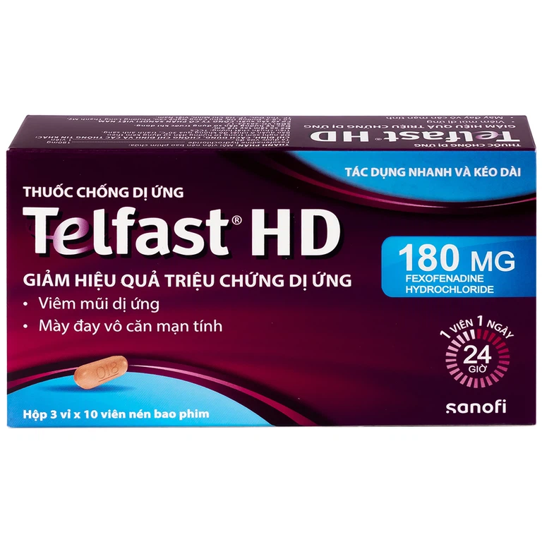 Thuốc chống dị ứng Telfast HD 180mg Sanofi giảm triệu chứng viêm mũi dị ứng, mày đay vô căn mạn tính (3 vỉ x 10 viên)