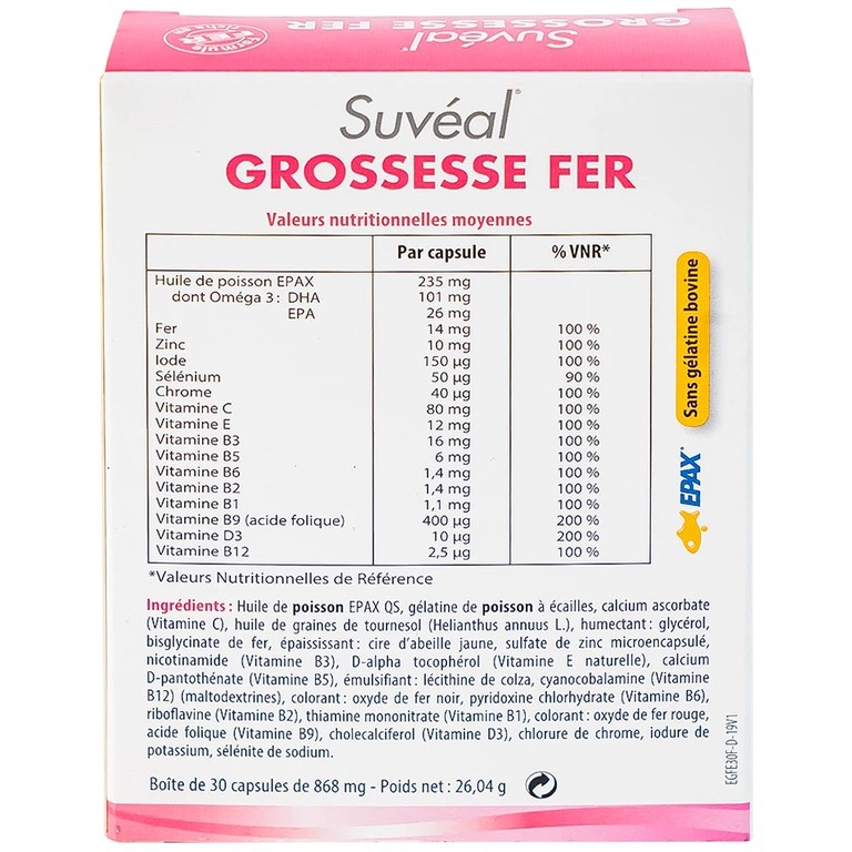 Viên uống Suvéal Grossesse Fer Densmore bổ sung Omega 3, DHA, Vitamin, khoáng chất (2 vỉ x 15 viên)