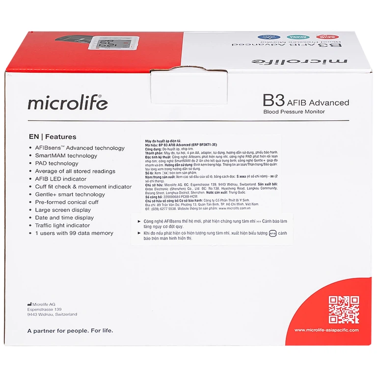 Máy đo huyết áp bắp tay Microlife B3 AFIB Advanced hỗ trợ đo huyết áp, cảnh báo đột quỵ