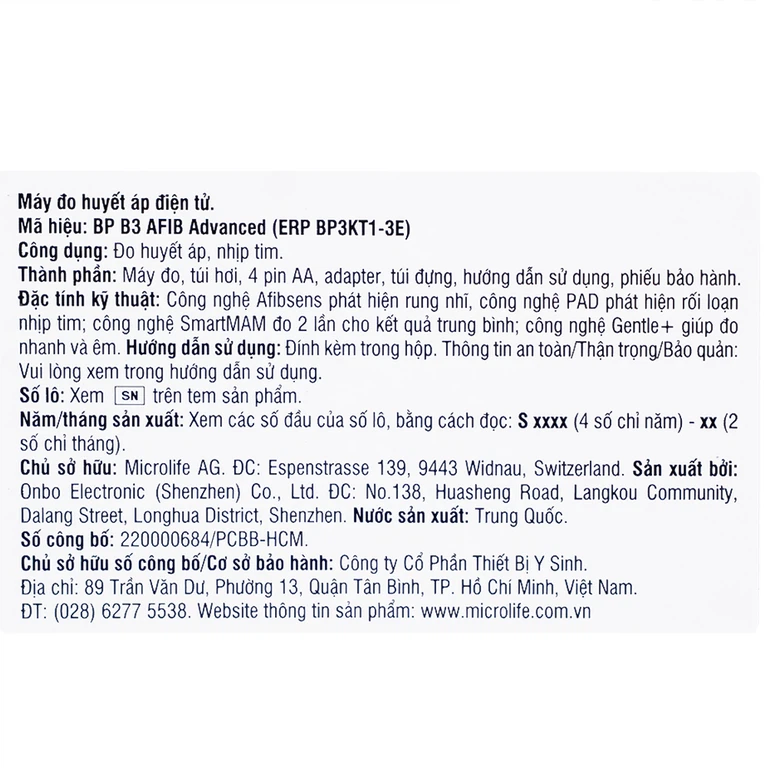 Máy đo huyết áp bắp tay Microlife B3 AFIB Advanced hỗ trợ đo huyết áp, cảnh báo đột quỵ