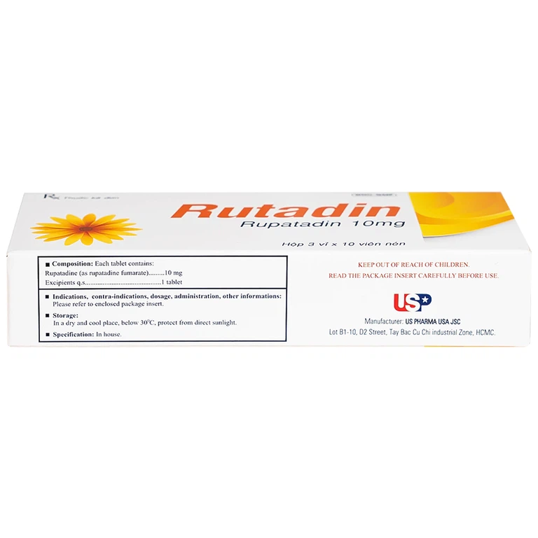 Thuốc Rutadin 10mg pharma usa điều trị triệu chứng của viêm mũi dị ứng và nổi mề đay (3 vỉ x 10 viên)