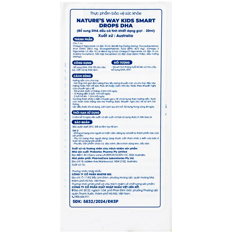 Siro Kids Smart Drops DHA 20ml Nature's Way thúc đẩy sự phát triển của não bộ và hệ thần kinh ở trẻ nhỏ