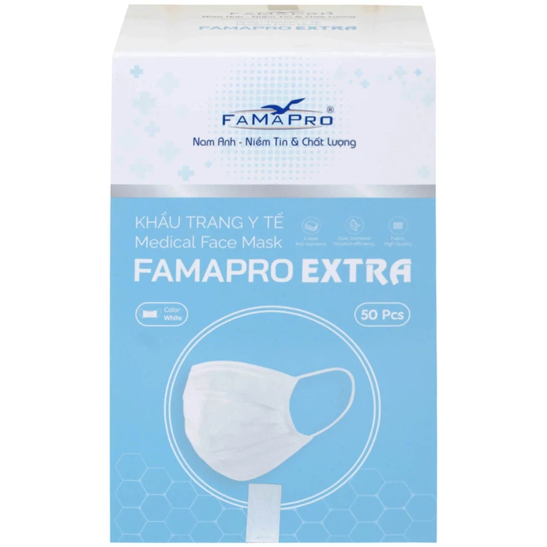 Khẩu trang y tế Famapro Extra màu trắng 4 lớp hỗ trợ ngăn khói, bụi, kháng khuẩn (50 cái)