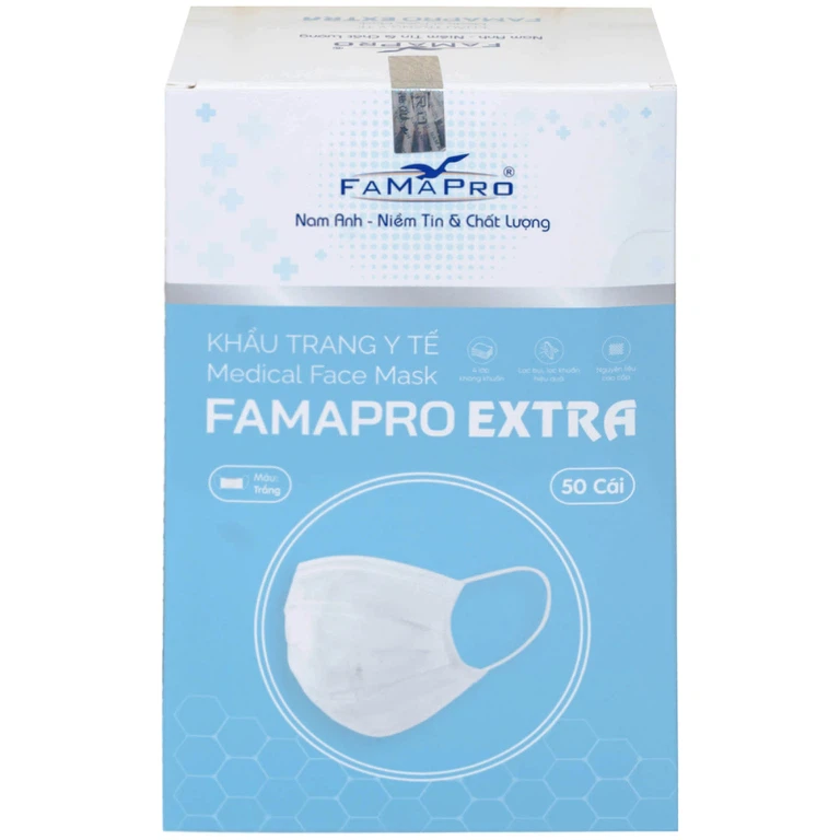 Khẩu trang y tế Famapro Extra màu trắng 4 lớp hỗ trợ ngăn khói, bụi, kháng khuẩn (50 cái)
