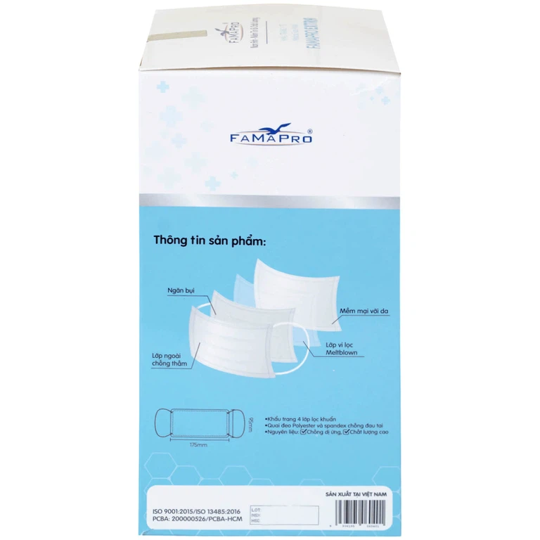 Khẩu trang y tế Famapro Extra màu trắng 4 lớp hỗ trợ ngăn khói, bụi, kháng khuẩn (50 cái)