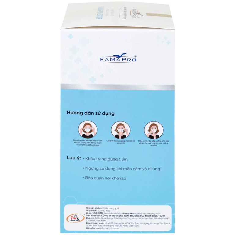 Khẩu trang y tế Famapro Extra màu trắng 4 lớp hỗ trợ ngăn khói, bụi, kháng khuẩn (50 cái)