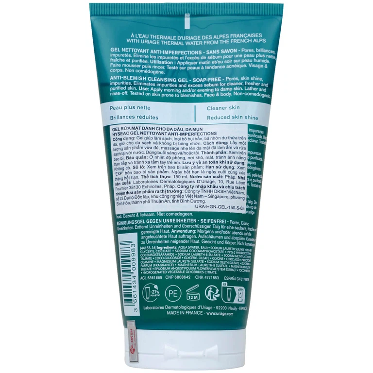 Gel rửa mặt Uriage Hyséac Gel Nettoyant cho da dầu, da mụn, da hỗn hợp (150ml)