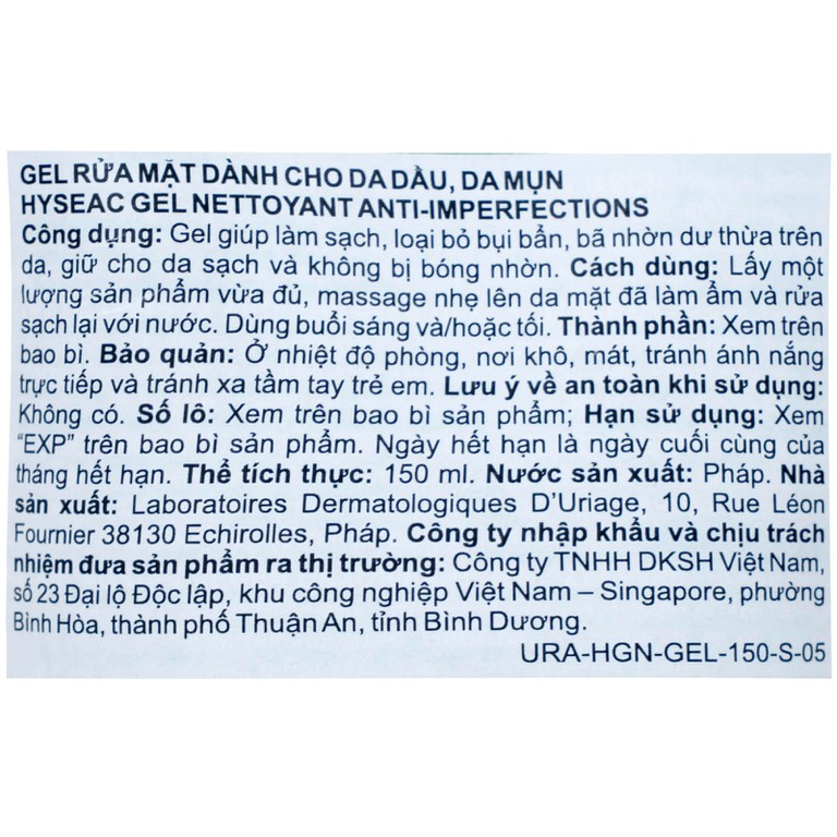Gel rửa mặt Uriage Hyséac Gel Nettoyant cho da dầu, da mụn, da hỗn hợp (150ml)