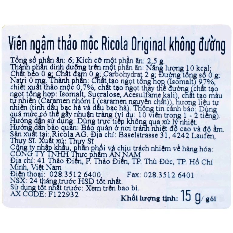 Kẹo Ngậm Ho Không Đường Thảo Mộc Ricola Original Herb (17.5g)