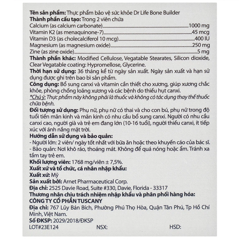 Viên uống Bone Builder Drlife bổ sung canxi và vitamin cho xương (60 viên)