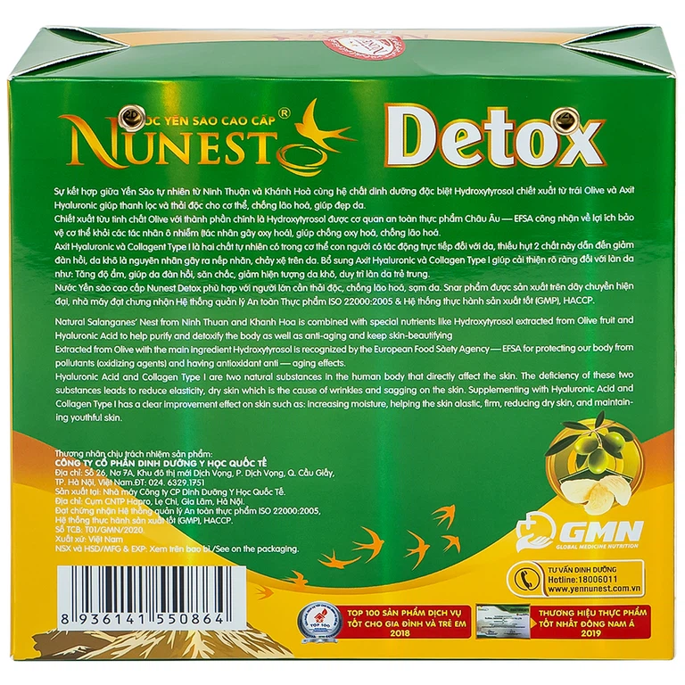 Nước Yến Sào Cao Cấp Nunest Detox thanh lọc, thải độc cho cơ thể, chống lão hóa (6 hũ x 70ml) 