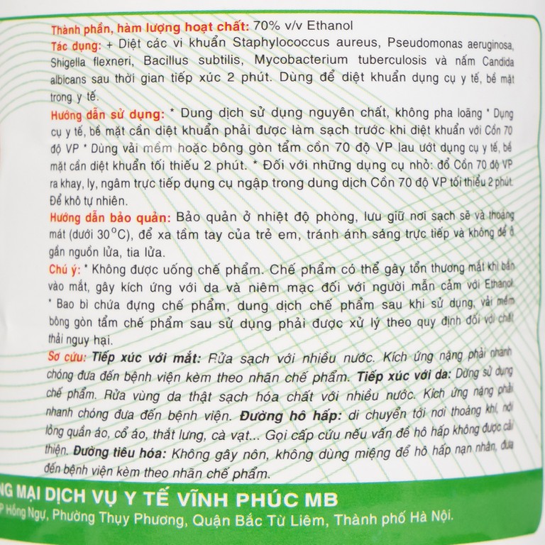 Cồn 70 độ Vĩnh Phúc dùng để diệt khuẩn dụng cụ y tế, bề mặt trong y tế (500ml)