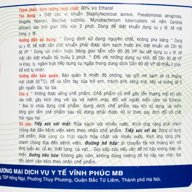Cồn 90 độ Vĩnh Phúc tiệt trùng các dụng cụ y tế (1000ml)
