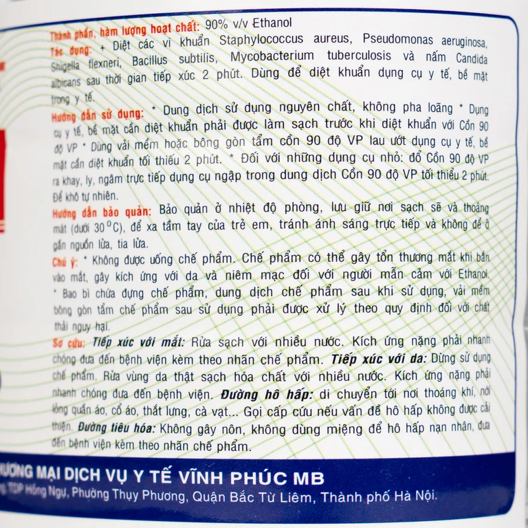 Cồn 90 độ Vĩnh Phúc tiệt trùng các dụng cụ y tế (500ml)