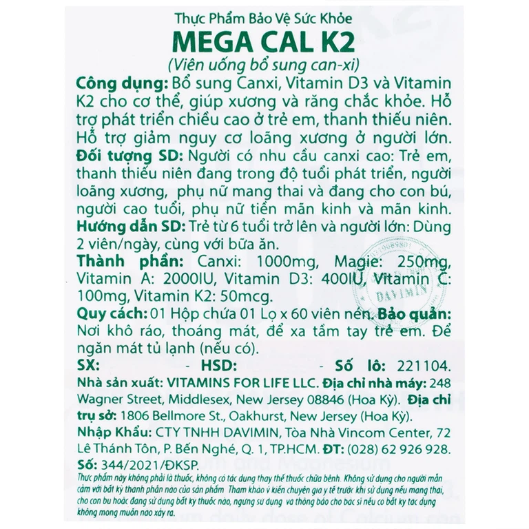 Viên uống Mega-Cal 1000 Vitamins For Life giúp bổ sung canxi, chống loãng xương (60 viên)