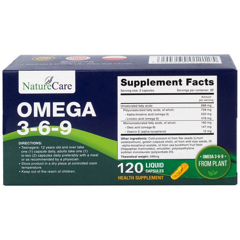 Viên nang mềm NatureCare Omega 369 bổ sung Omega, giảm nguy cơ xơ vữa động mạch (6 vỉ x 20 viên)