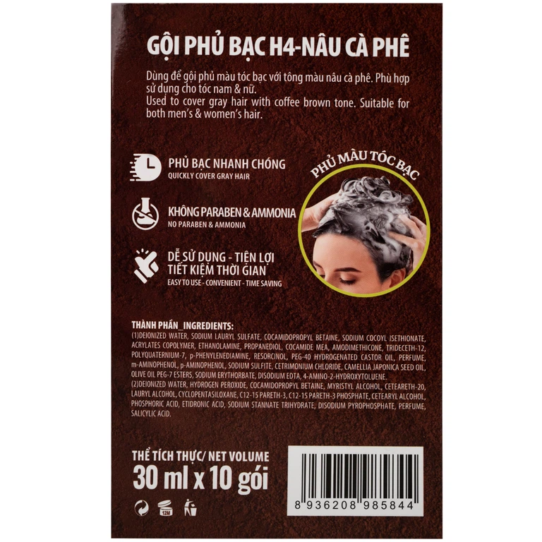 Dầu gội phủ bạc Healthy&Lively Lavox màu nâu cà phê H4 (10 gói x 30ml)