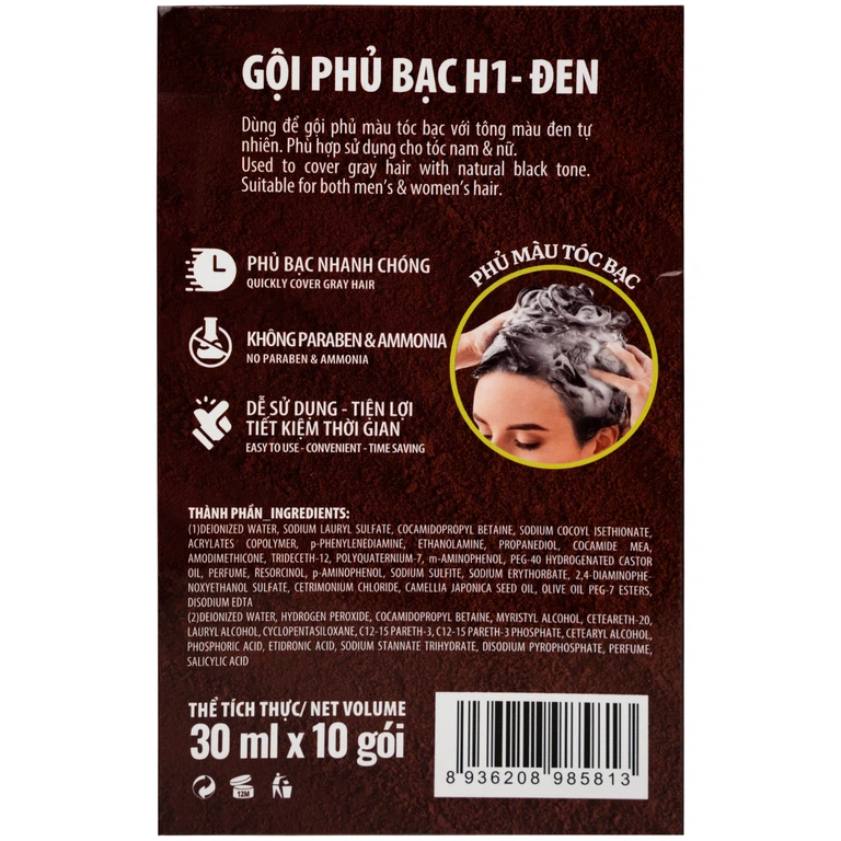 Gội phủ bạc đen Lavox H1, giống tóc đen mượt (10 gói x 30ml)