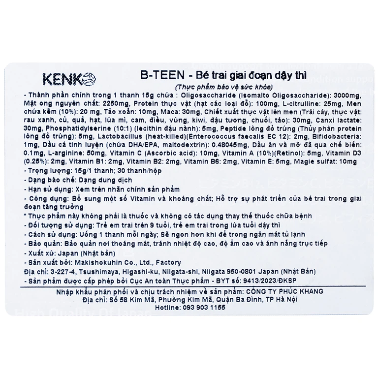 Dung dịch B-Teen Kenko bổ sung Vitamin và khoáng chất cho bé trai giai đoạn dậy thì (30 gói x 15g)