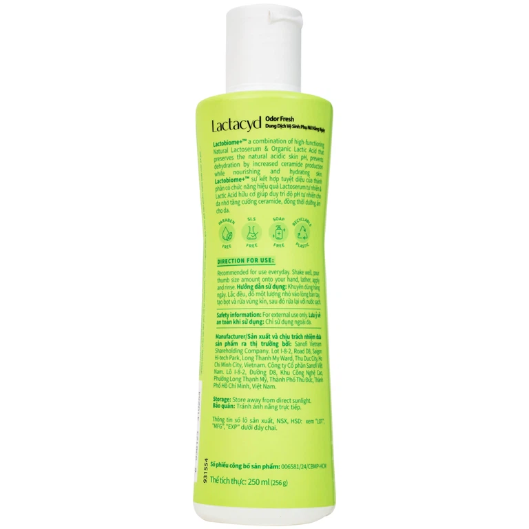 Dung dịch vệ sinh phụ nữ Lactacyd Odor Fresh ngăn mùi suốt 24h (250ml)